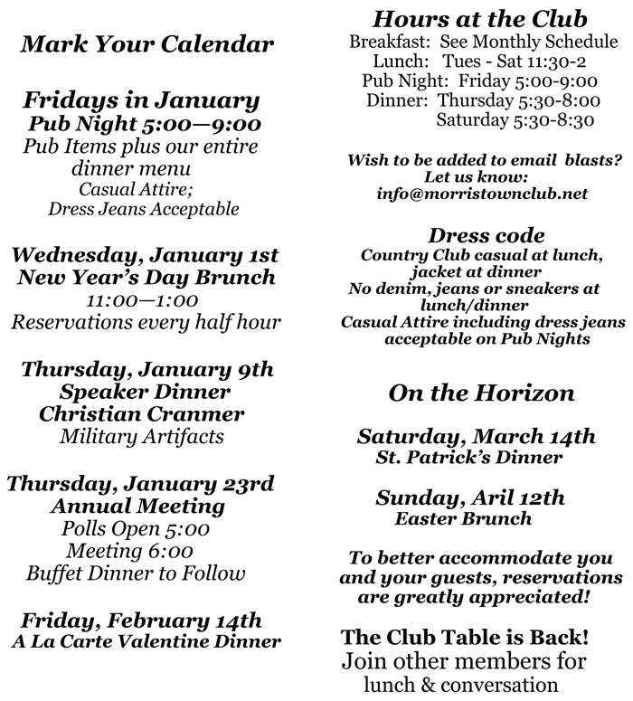 Calendar Overview The Morristown Club