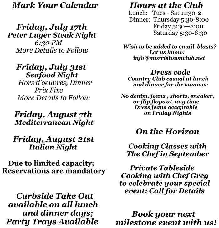 Calendar Overview The Morristown Club